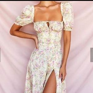 House of CB Cream Floral Puff-Sleeve Midi Dress with Pink & Green Accents